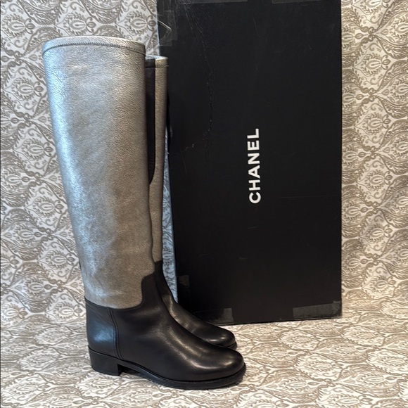 CHANEL Shoes - Chanel Black and Silver Tall Boots